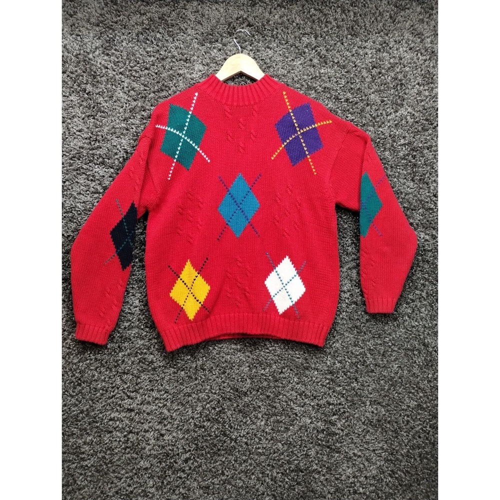 VTG IZOD Sweater Women Large Red Diamond‎ Argyle Tight Knit Round Neck